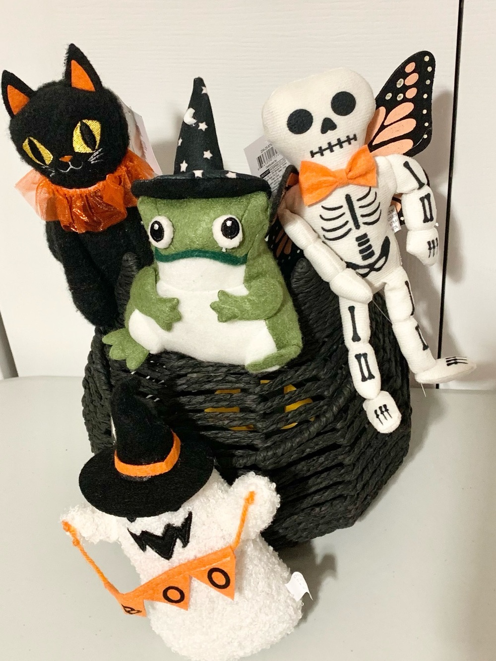 Target Black Cat Basket & 4 Figurals Plush Kitty Butterfly Skelly Frog Ghost NEW